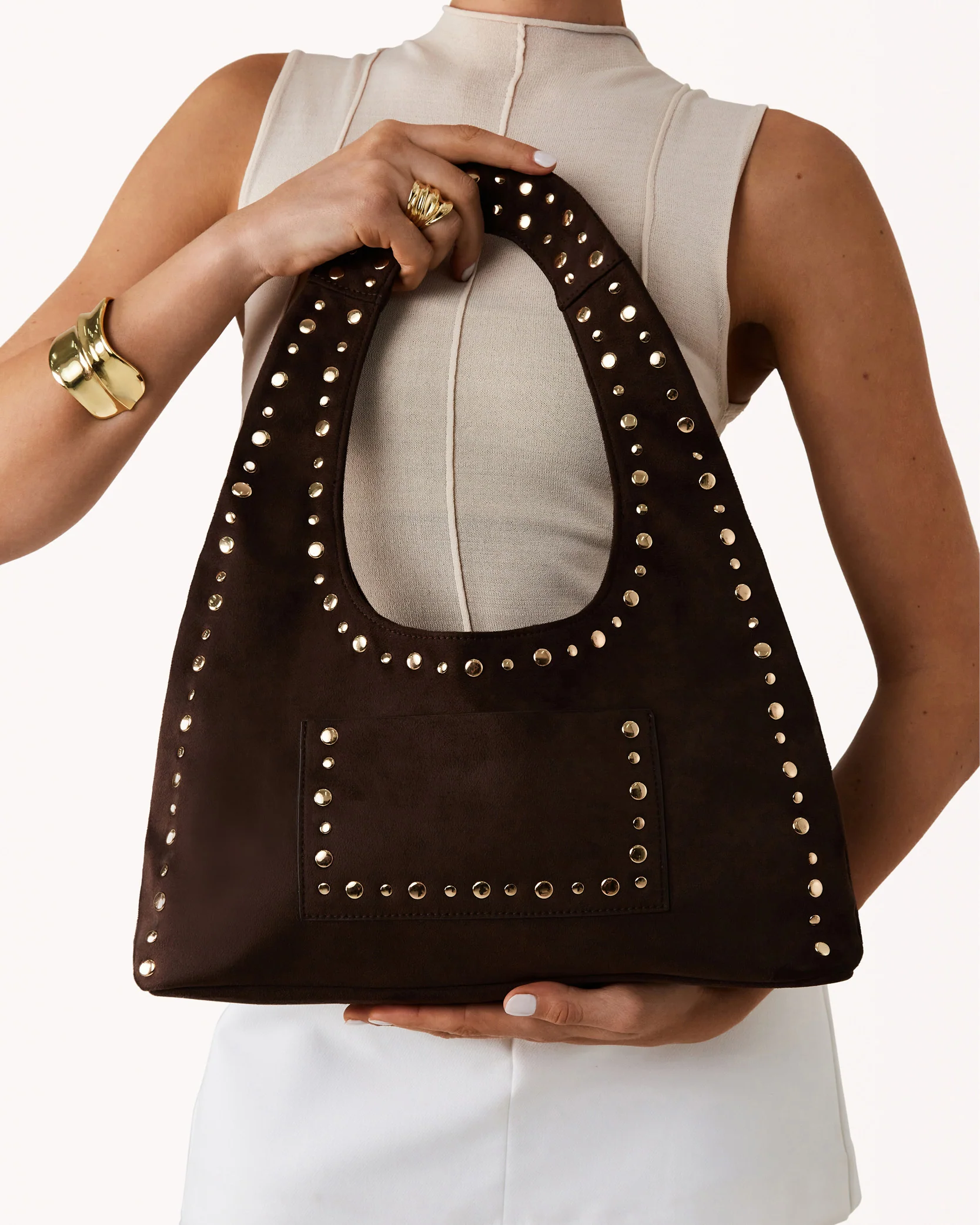 NOAH SHOULDER BAG - DARK CACAO SUEDE-GOLD - Image 3